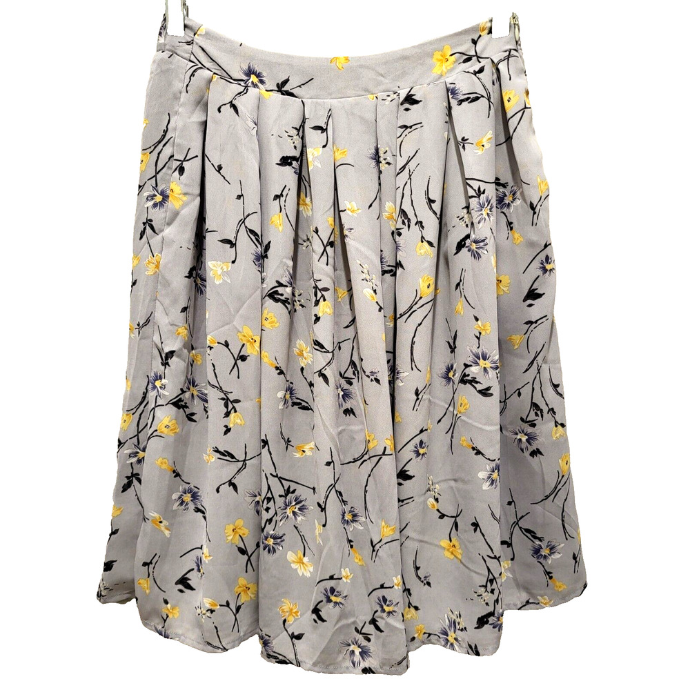 Mikarose Gray Pleated Skirt Yellow Black Floral Design Lined Side Zip Size XS